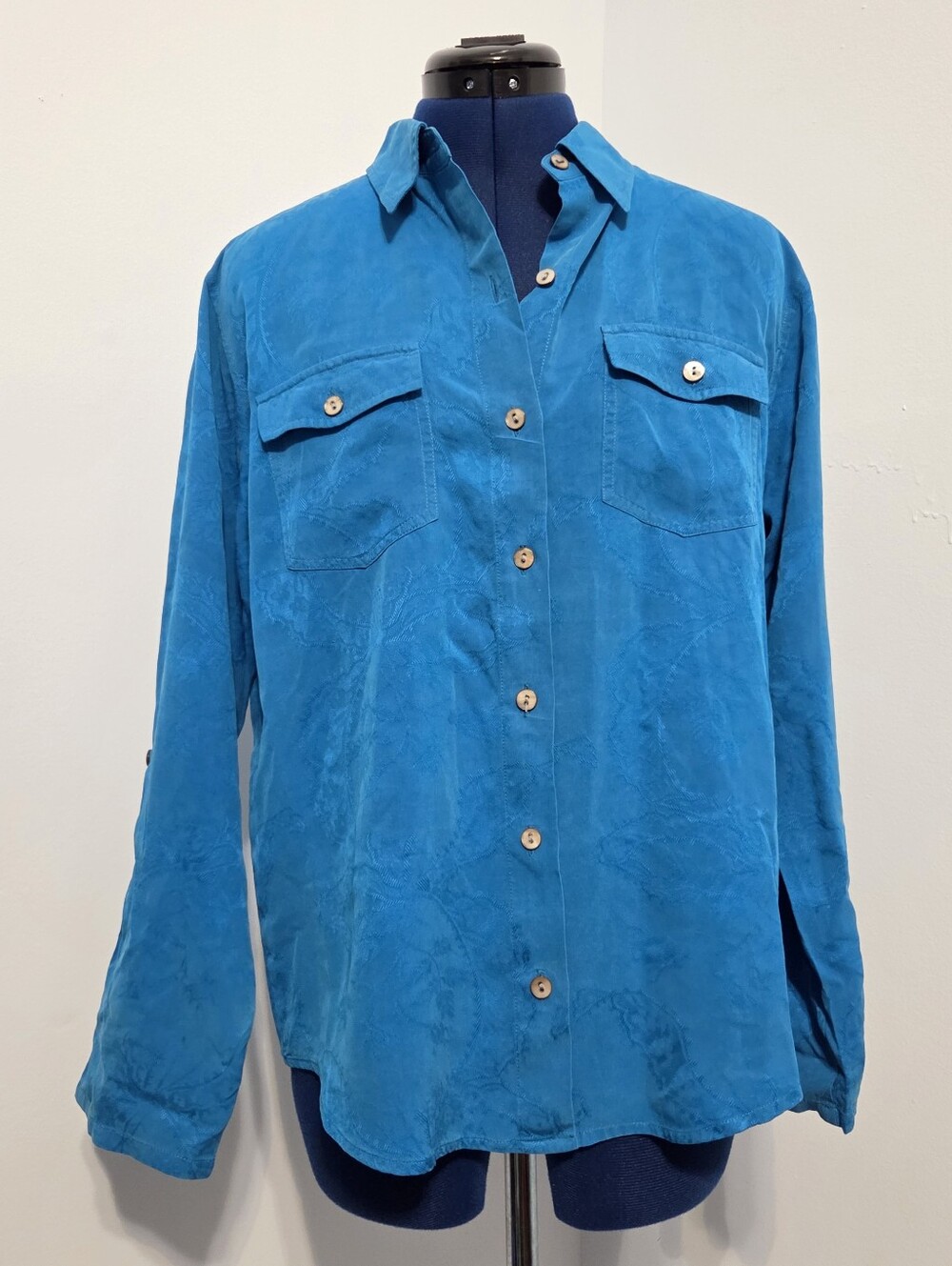 Aqua Paisley Silk Button Down Shirt Size 1